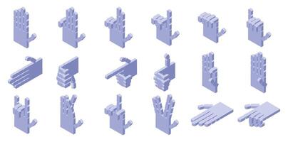 Robot hand gestures icons set. Set of pixel art hands making different gestures isometric icons vector