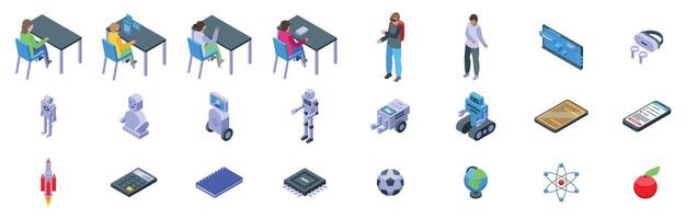 Futuristic school icons set. Students studying at school desk and artificial intelligence concept icons set vector