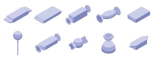 Candy wrappers icons set. Different types of sweets and candies packaging are shown from an isometric view vector