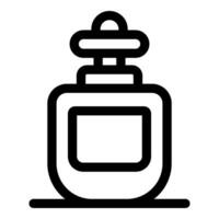 Perfume bottle standing on table with round cap line icon vector