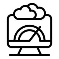 Computer showing speedometer with clouds representing cloud computing speed vector