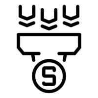 Money prize icon, dollar coin hanging from three arrows pointing down vector