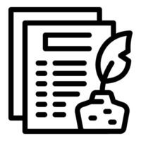 Quill resting in inkwell near stack of papers symbolizing writing vector