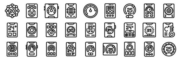 Thermostat ui icons set. Tattoo power supply control panel showing voltage, time and other options icon set outline style vector