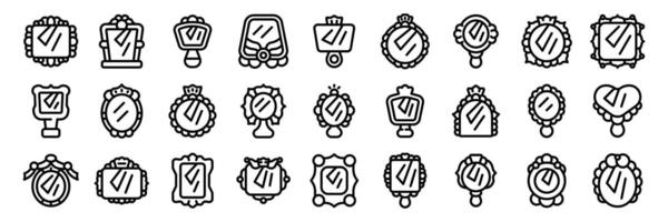Princess mirror icons set. Mirror reflecting icons showing self reflection and vanity vector