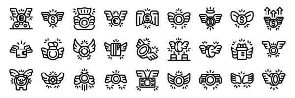 Coin wing icons set. Money with wings icons set. Outline set of money with wings icons for web design isolated on white background vector