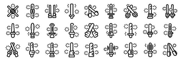Light saber icons set. People celebrating with sparkles and lightsabers line icon set vector