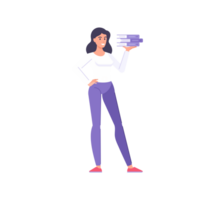 Smiling business woman posing with stack of paper folders document for working archive storage png