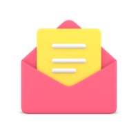 Document in pink 3d envelope. Yellow volumetric sheet of paper with white text png