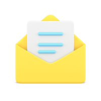 Document in yellow 3d envelope. White volumetric sheet of paper with blue text png