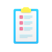 Checklist on 3d clipboard paper. Document in test form with check marks and stripes abstract questions png