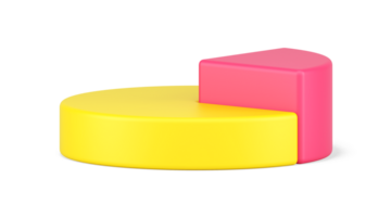 Pie chart side view 3d icon. Infographic volumetric yellow circle with highlighted triangular pink part png