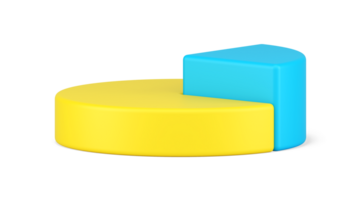 Pie chart side view 3d icon. Infographic volumetric yellow circle with highlighted triangular blue part png