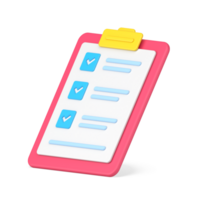 Folder tablet with tests 3d icon. Questionnaire sheet with text and marked check marks png