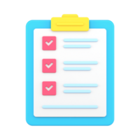 Folder tablet with tests 3d icon. Questionnaire sheet with text and marked check marks png