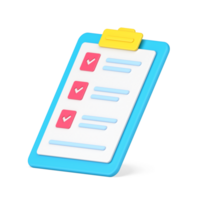 Folder tablet with tests 3d icon. Questionnaire sheet with text and marked check marks png