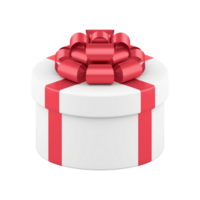 White box with christmas round gift 3d. Round packaging with red bow and paper ribbons png