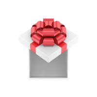 Christmas white square gift box with open lid top view. Festive present with red ribbons and fluffy bow png