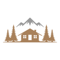Forest camping landscape with mountains and cabin hand drawn silhouette illustration for retro logo design png