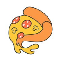 Curved pizza piece with melting cheese sausage and mushrooms groovy pop art cartoon png