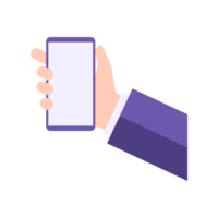 Human hand in suit vertical holding smartphone with empty screen useful application user interface png