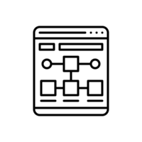 Wireframe website line icon. Square and rectangular connected templates on pc screen. png