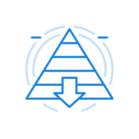 Maslow pyramid with top to bottom level line icon. Triangle sections an arrow down. png