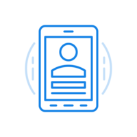 call by smartphone line icon. Quick online call screen photo of character with data on gadget panel. png