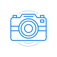 Camera symbol line icon. Equipment quality photos with flash and scene capture button. png