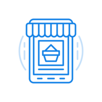 Shopping in web app line icon. Smartphone with canopy and packaging center screen. png