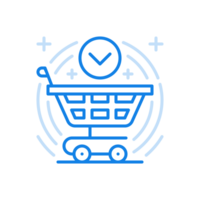 Filled shopping cart line icon. Basket on wheels with check mark in circle. png