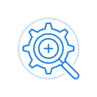 Enhanced optimization and analysis of line icon. Magnifier gear with plus symbol in center. png