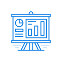 Stand with statistical infographics line icon. Information columns with presentation pie charts. png
