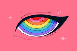 A vibrant illustration of an eye with a rainbow iris on a pink background, symbolizing diversity and LGBTQ pride. Perfect for use in pride campaigns, inclusive marketing, and social media visuals. vector