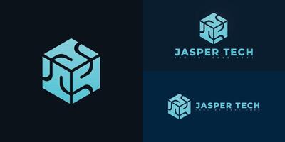 Abstract hexagon initial letter JT or TJ in blue color isolated on multiple background colors. The logo is suitable for AI healthcare technology logo design inspiration templates. vector