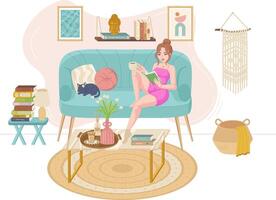 Woman is reading a book on a cozy sofa in a living room with a cat, creating a relaxed atmosphere vector