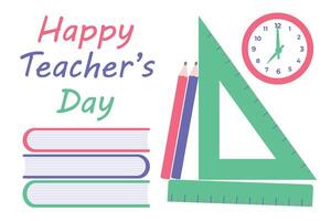 Happy teachers day with books, pencils, geometry element and clock. vector