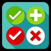 Green check mark and red cross icon set. Circle and square. Tick symbol in green color, vector