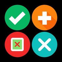 Green check mark and red cross icon set. Circle and square. Tick symbol in green color, vector