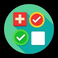 Green check mark and red cross icon set. Circle and square. Tick symbol in green color, vector