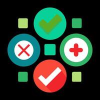 Green check mark and red cross icon set. Circle and square. Tick symbol in green color, vector
