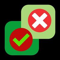 Green check mark and red cross icon set. Circle and square. Tick symbol in green color, vector