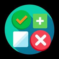 Green check mark and red cross icon set. Circle and square. Tick symbol in green color, vector