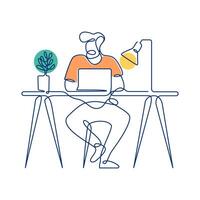 Businessman Sitting Working in Workspace Using Laptop Filled Continuous Line Art vector
