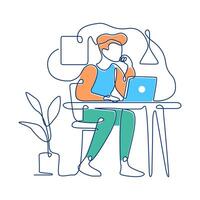 Businessman Sitting Working in Workspace Using Laptop Filled Continuous Line Art vector