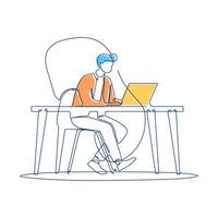 Businessman Sitting Working in Workspace Using Laptop Filled Continuous Line Art vector