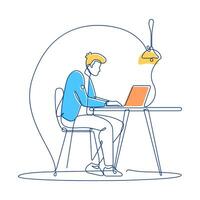 Businessman Sitting Working in Workspace Using Laptop Filled Continuous Line Art vector
