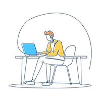Businessman Sitting Working in Workspace Using Laptop Filled Continuous Line Art vector