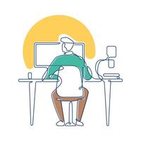 Businessman Sitting Working in Workspace Using Laptop Filled Continuous Line Art vector