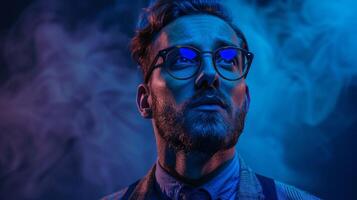 Man With Glasses Looks Upward in Blue Lighting photo